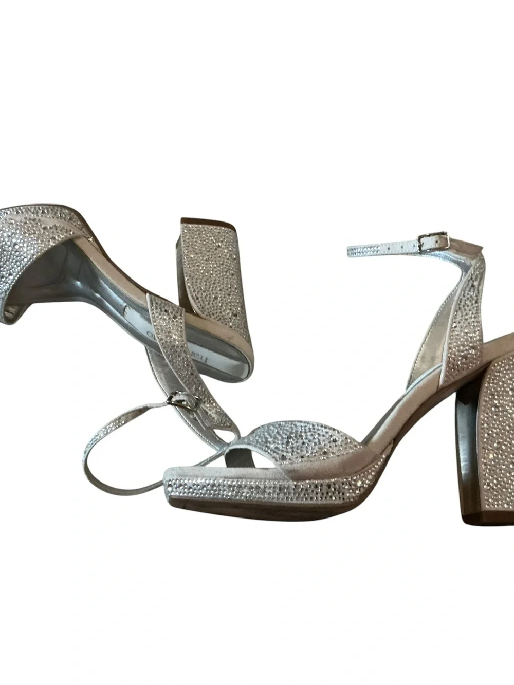 Franco Sarto women’s L-Daffy ankle strap heeled sandals metallic silver w stones